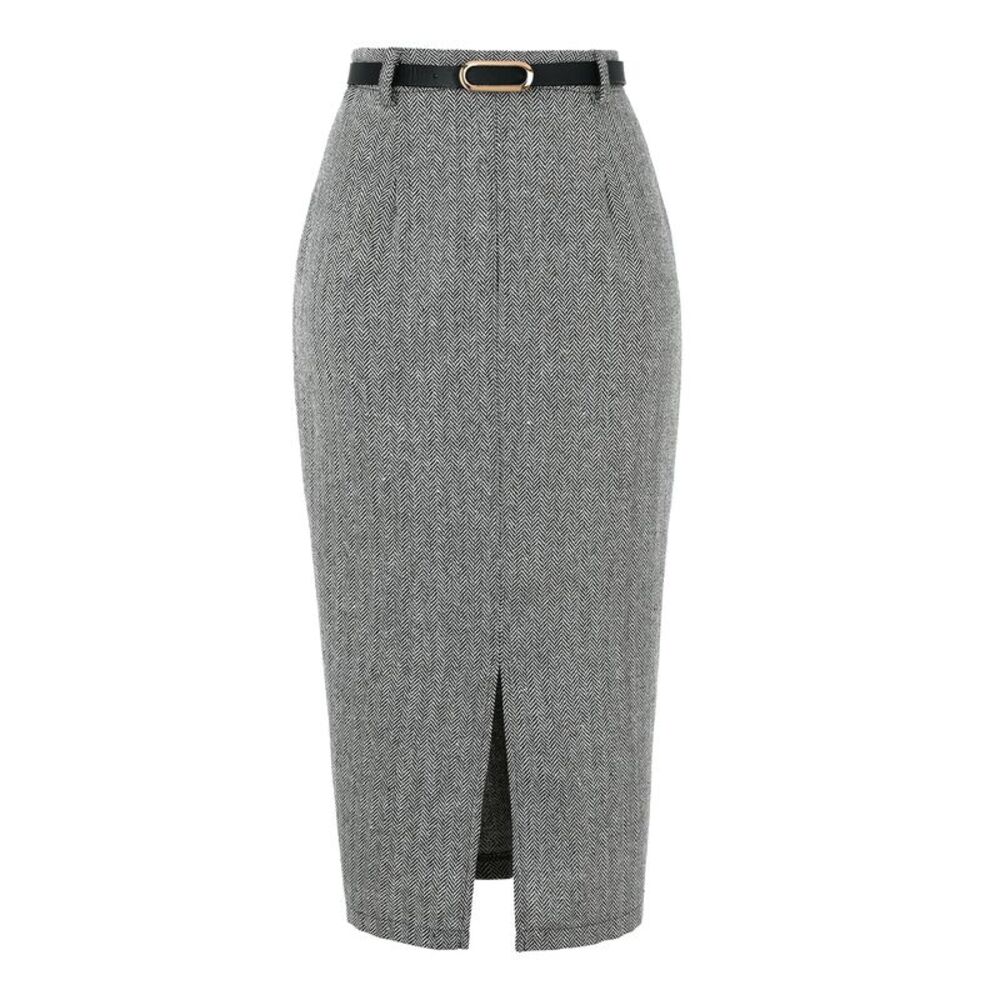 Women's Midi Pencil Skirt Fall Winter Slit Office Skirts with Belt Black White - Picture 1 of 5
